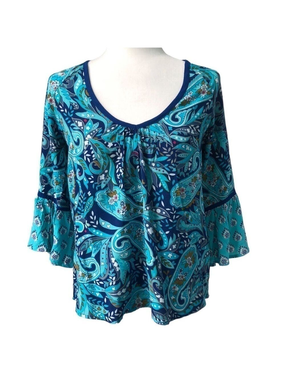 Vera Bradley Blue Daisy Paisley Flutter Sleeve V Neck Pullover Size S NWT